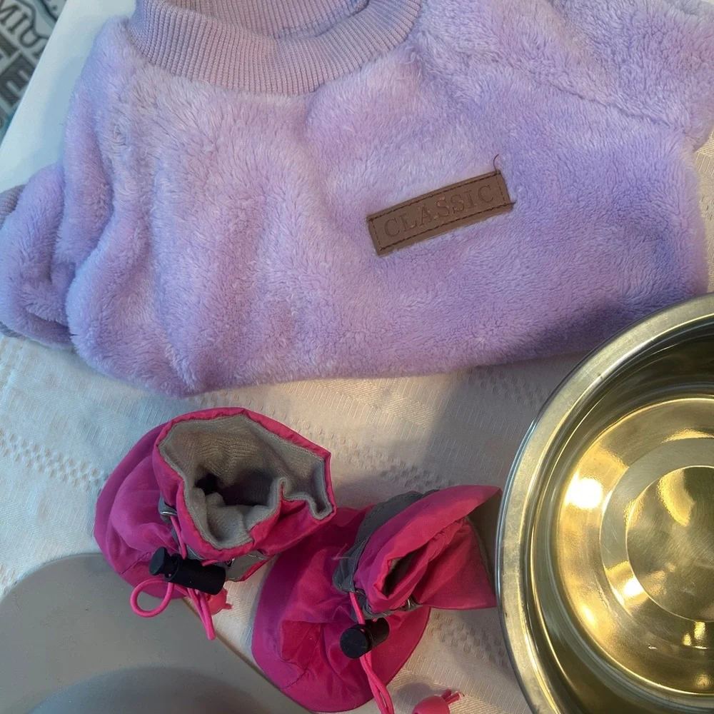 Puppy Starter Bowl Sets Rain Boots & Sweater Used Sanitized